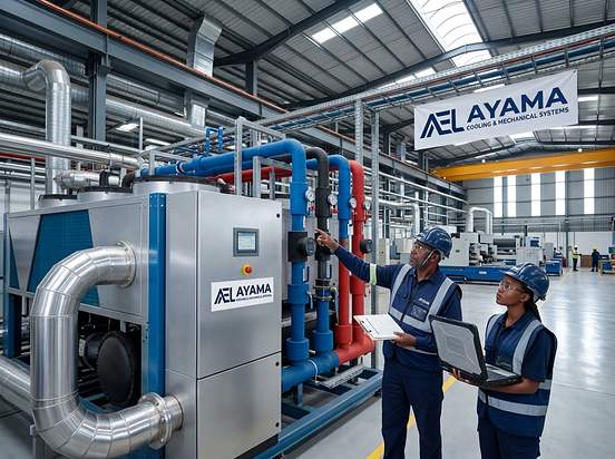 AYAMA engineers inspecting a chiller plant inside a warehouse facility
