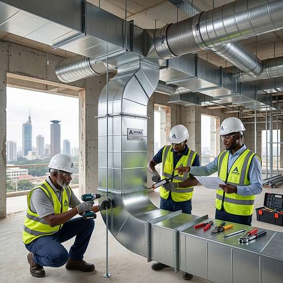AYAMA technicians installing ductwork on a construction site