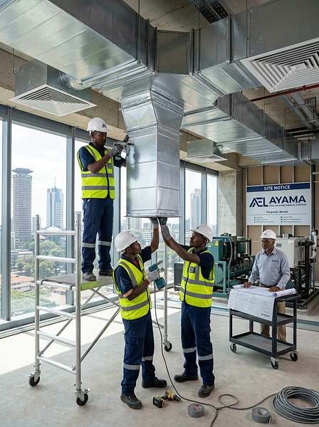 AYAMA team installing ceiling ductwork in a Nairobi office building