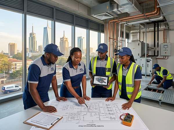 AYAMA engineers reviewing an HVAC blueprint and tablet drawings in a Nairobi office