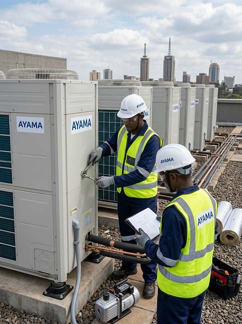 AYAMA technicians carrying out maintenance on rooftop AC units