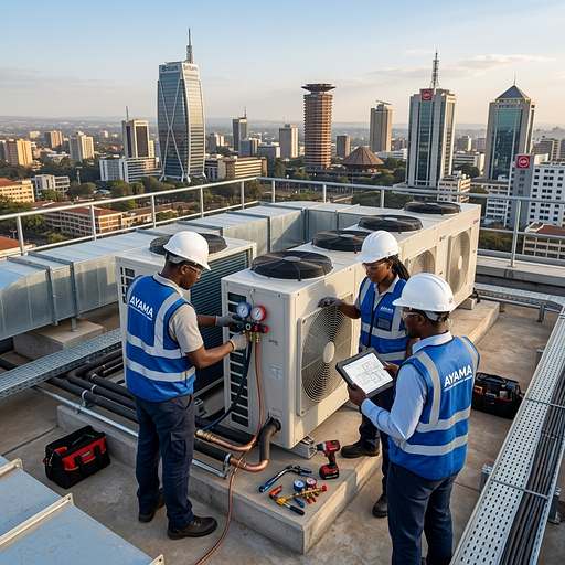 AYAMA technicians servicing rooftop AC units against the Nairobi skyline