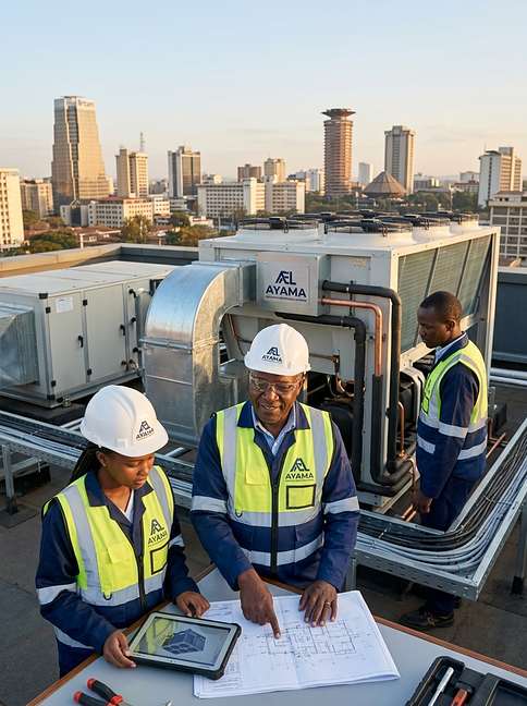 AYAMA team reviewing a chiller installation blueprint on a Nairobi rooftop