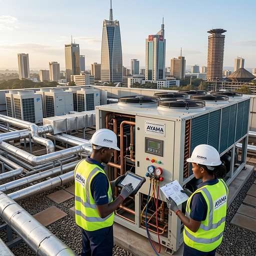 AYAMA technicians checking gauges on a rooftop chiller unit overlooking Nairobi