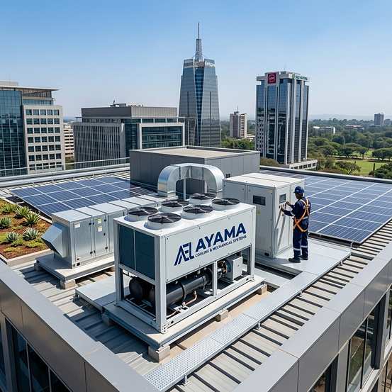 AYAMA rooftop chiller unit installed alongside solar panels overlooking Nairobi
