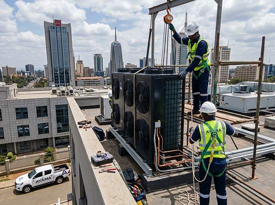 AYAMA technicians rigging a rooftop chiller unit by crane above the Nairobi skyline