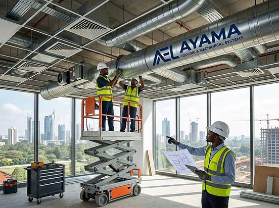 AYAMA technician on a scissor lift installing ceiling ductwork in an office